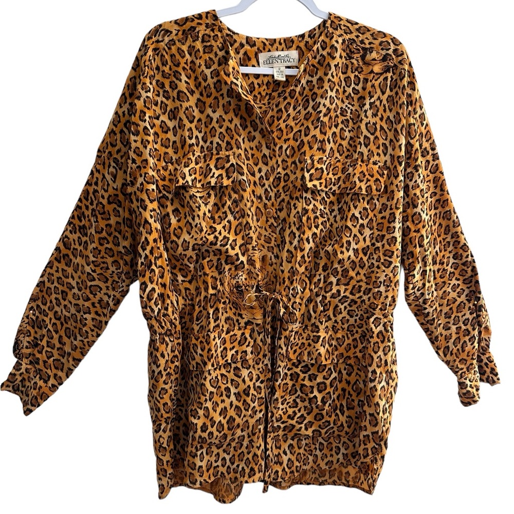 Vintage Linda Allard for Ellen Tracy Leopard Print Silk Safari Blouse Size 12
